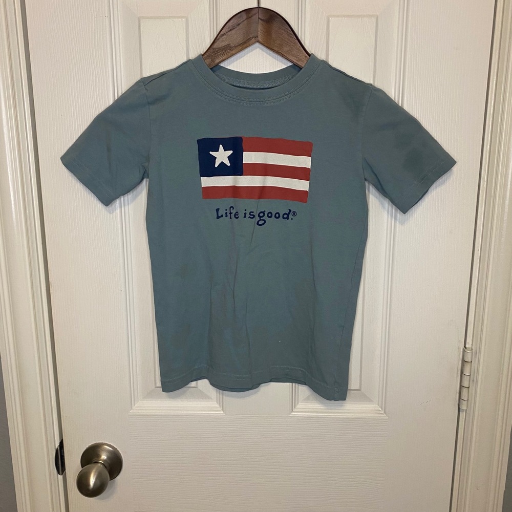 Life is Good Kids Crusher Tee Blue American Flag Graphic T-Shirt XS 100% Cotton